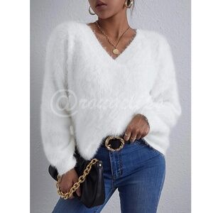 White Fuzzy V-Neck Pullover Knit Sweater Long Sleeve